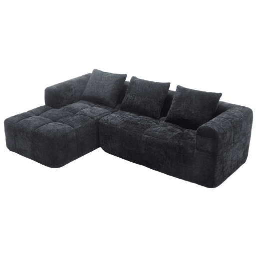 Sofá seccional moderno, sofá em L, sofá de 3 lugares, sem necessidade de montagem, sofá de chenille com chaise longue e apoio de braços, 3 almofadas, bolso lateral para controlo remoto, preto