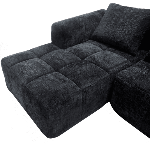 Sofá seccional moderno, sofá em L, sofá de 3 lugares, sem necessidade de montagem, sofá de chenille com chaise longue e apoio de braços, 3 almofadas, bolso lateral para controlo remoto, preto