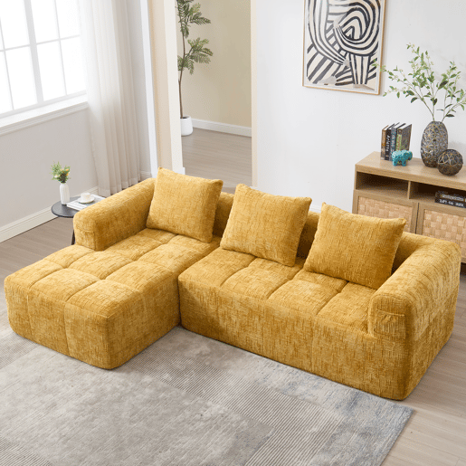 Sofá seccional moderno L - 3 lugares, sofá chenille com chaise longue, braços e 3 almofadas - Amarelo