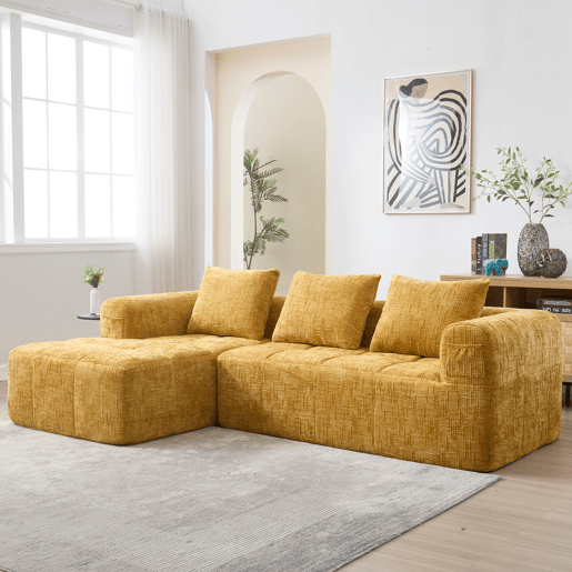 Sofá seccional moderno L - 3 lugares, sofá chenille com chaise longue, braços e 3 almofadas - Amarelo