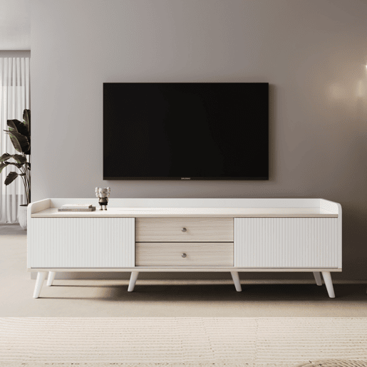 Móvel de TV 160 cm - Com duas gavetas, duas portas de correr, superfície baixa - Branco