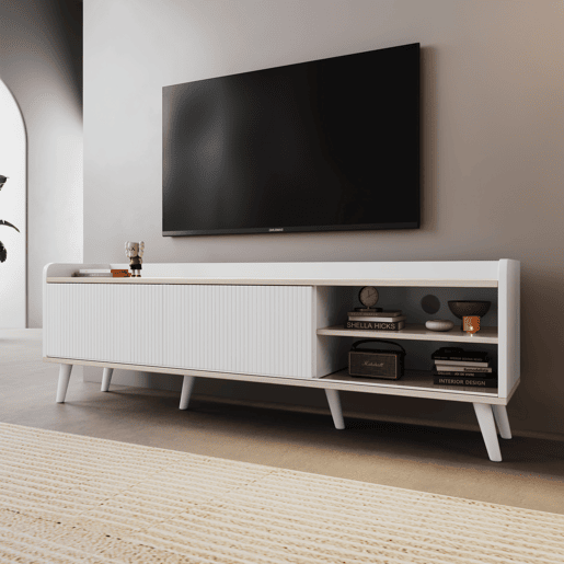 Móvel de TV 160 cm - Com duas gavetas, duas portas de correr, superfície baixa - Branco