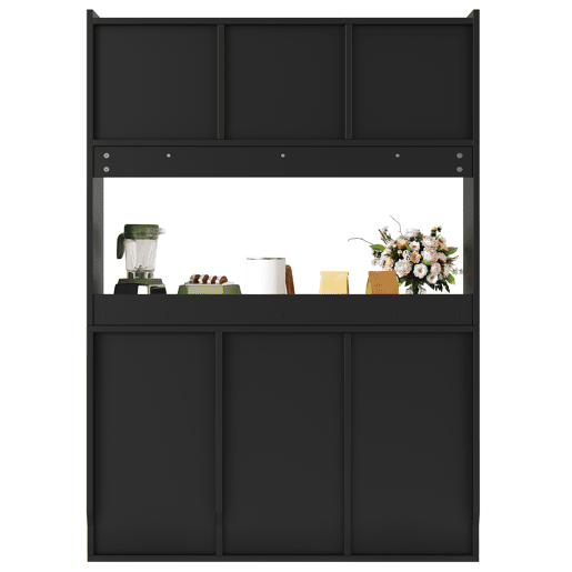 Armário de cozinha - 120x40x180 cm - com prateleiras ajustáveis, vitrine, iluminação LED - preto