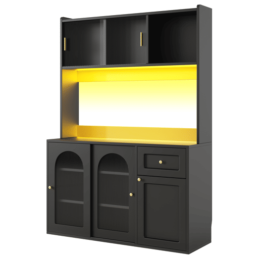 Armário de cozinha - 120x40x180 cm - com prateleiras ajustáveis, vitrine, iluminação LED - preto