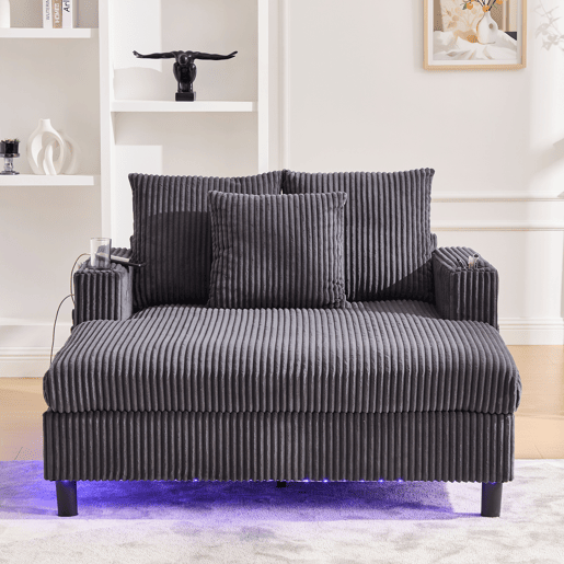 Poltrona chaise longue grande - Com porta-copos laterais, portas USB, iluminação LED ambiente - Cinza escuro