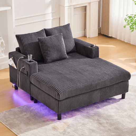 Poltrona chaise longue grande - Com porta-copos laterais, portas USB, iluminação LED ambiente - Cinza escuro