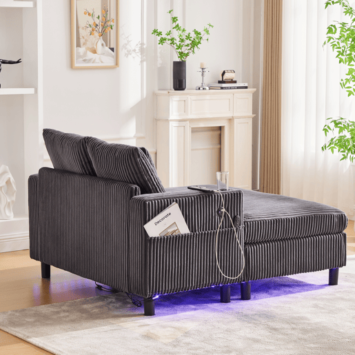 Poltrona chaise longue grande - Com porta-copos laterais, portas USB, iluminação LED ambiente - Cinza escuro