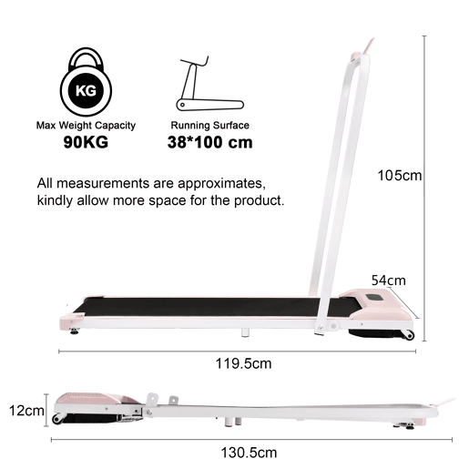 Passadeira 2 em 1 - Velocidade 1-6 kmh, com controlo remoto, ecrã LED, altifalantes Bluetooth e suporte para telemóvel - Rosa