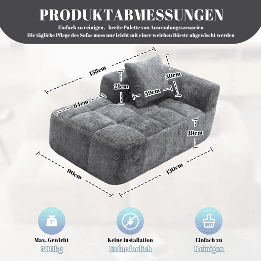 Sofá Chaise Longue - confortável, sem montagem, com almofada e bolsos laterais - Cinza