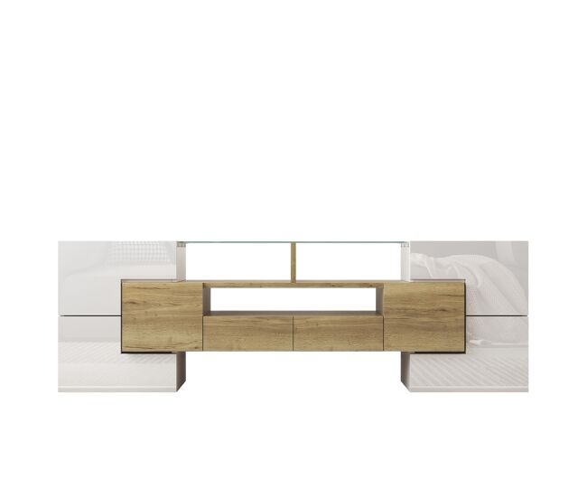 Mueble tv 145 cm - lowboard, diseño moderno, led, superficie de vidrio elegante - blanco+oro