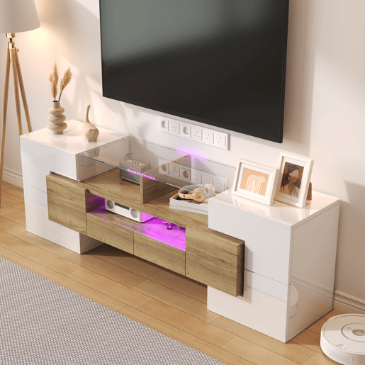 Móvel de TV 145 cm - Lowboard, Design moderno, LED, Superfície de vidro elegante - Branco+Dourado