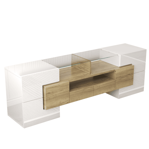 Móvel de TV 145 cm - Lowboard, Design moderno, LED, Superfície de vidro elegante - Branco+Dourado