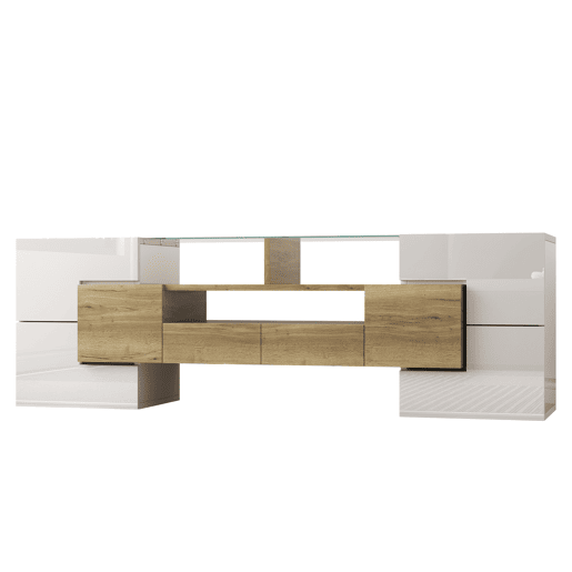 Móvel de TV 145 cm - Lowboard, Design moderno, LED, Superfície de vidro elegante - Branco+Dourado