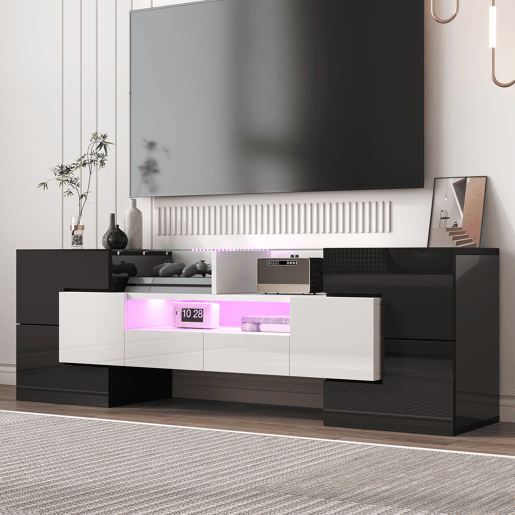 Móvel de TV 145 cm - Design moderno, superfície de vidro elegante, com iluminação LED - Branco+Preto