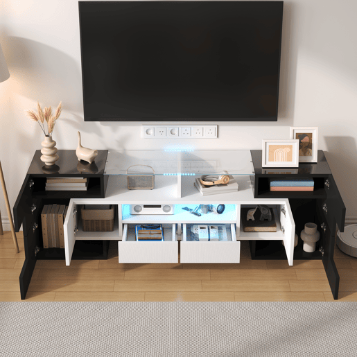 Móvel de TV 145 cm - Design moderno, superfície de vidro elegante, com iluminação LED - Branco+Preto