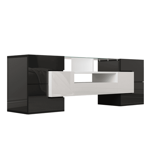 Móvel de TV 145 cm - Design moderno, superfície de vidro elegante, com iluminação LED - Branco+Preto