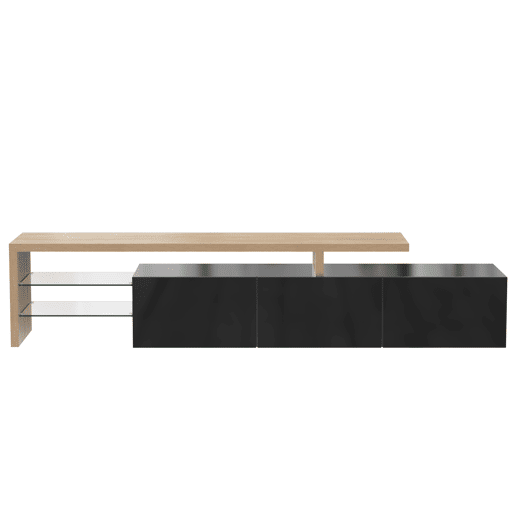 Móvel de TV 197,5 cm - Design moderno e elegante, com arrumação prática, alto brilho, madeira, prateleiras de vidro, iluminação LED - Natural+Preto