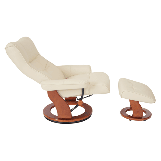 Poltrona relaxante cadeira giratória para TV com apoio para os pés couro genuíno creme estrutura de madeira cor mel 04_0007832