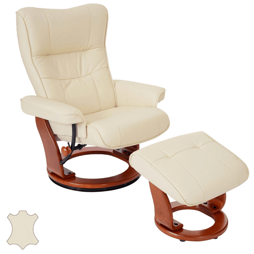 Poltrona relaxante cadeira giratória para TV com apoio para os pés couro genuíno creme estrutura de madeira cor mel 04_0007832