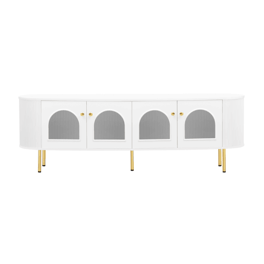 Móvel de TV Lowboard - Com portas de vidro, móveis práticos para arrumação na sala, com puxadores e pés dourados - Branco+Dourado