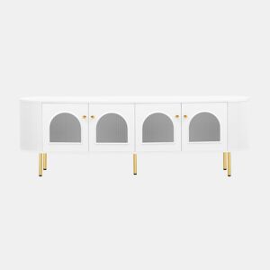 Móvel de TV Lowboard - Com portas de vidro, móveis práticos para arrumação na sala, com puxadores e pés dourados - Branco+Dourado