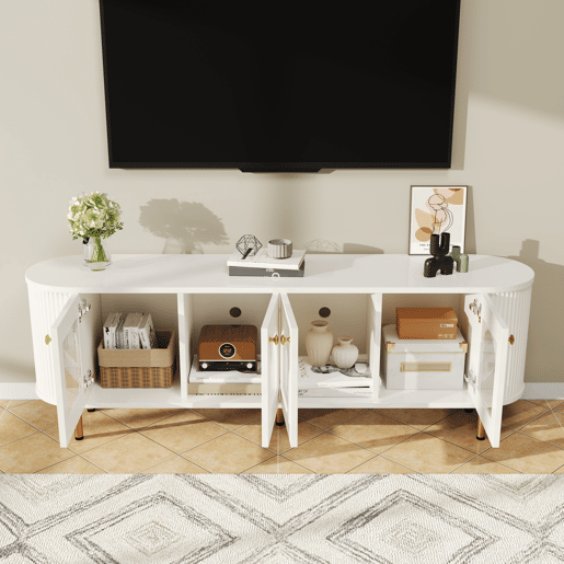 Móvel de TV Lowboard - Com portas de vidro, móveis práticos para arrumação na sala, com puxadores e pés dourados - Branco+Dourado