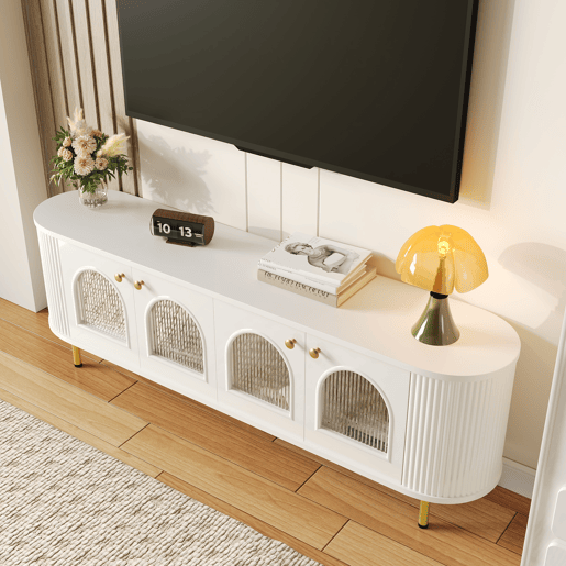 Móvel de TV Lowboard - Com portas de vidro, móveis práticos para arrumação na sala, com puxadores e pés dourados - Branco+Dourado