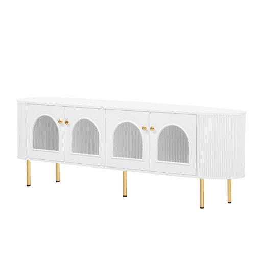 Móvel de TV Lowboard - Com portas de vidro, móveis práticos para arrumação na sala, com puxadores e pés dourados - Branco+Dourado