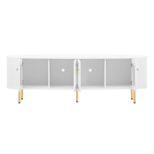 Móvel de TV Lowboard - Com portas de vidro, móveis práticos para arrumação na sala, com puxadores e pés dourados - Branco+Dourado