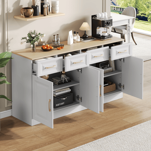 Aparador 140 cm - Com 4 gavetas e 4 portas tipo celeiro, estilo rústico moderno - Branco madeira