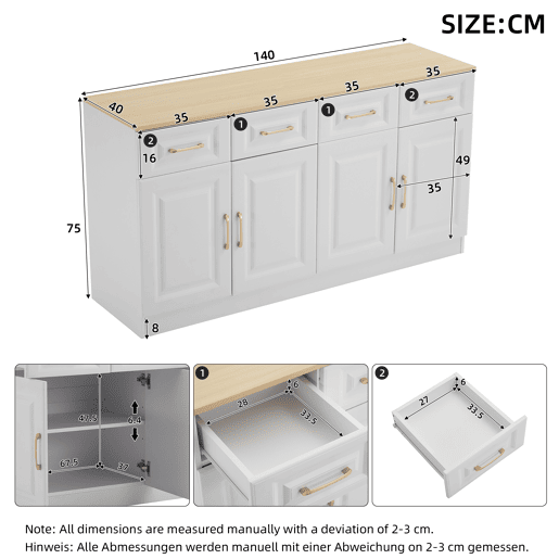 Aparador 140 cm - Com 4 gavetas e 4 portas tipo celeiro, estilo rústico moderno - Branco madeira