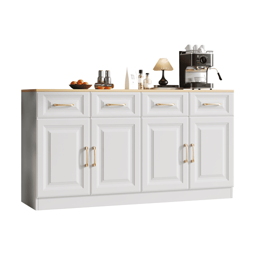 Aparador 140 cm - Com 4 gavetas e 4 portas tipo celeiro, estilo rústico moderno - Branco madeira