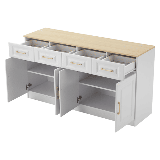 Aparador 140 cm - Com 4 gavetas e 4 portas tipo celeiro, estilo rústico moderno - Branco madeira