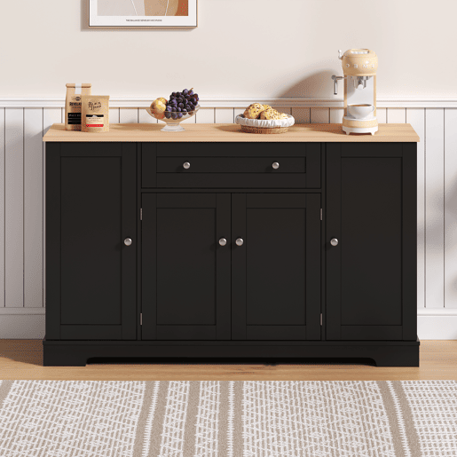 Buffet multifuncional 138 cm - Com gaveta, portas com prateleiras e prateleiras ajustáveis - Preto