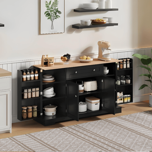 Buffet multifuncional 138 cm - Com gaveta, portas com prateleiras e prateleiras ajustáveis - Preto