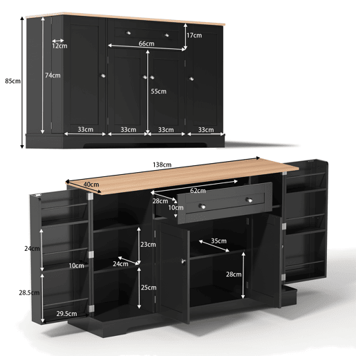 Buffet multifuncional 138 cm - Com gaveta, portas com prateleiras e prateleiras ajustáveis - Preto