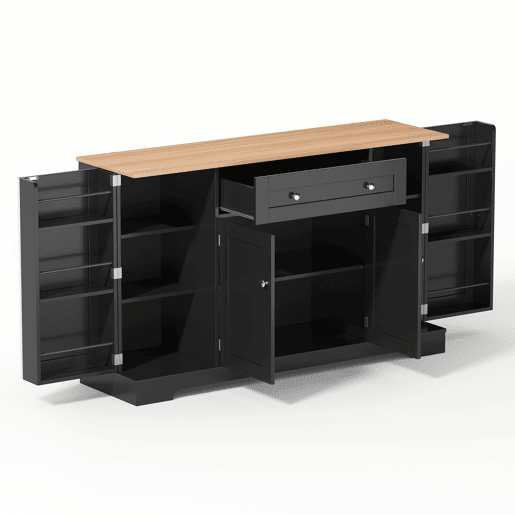 Buffet multifuncional 138 cm - Com gaveta, portas com prateleiras e prateleiras ajustáveis - Preto