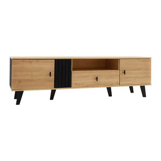 Móvel de TV 170 cm - Estilo elegante, Lowboard com gavetas, design em madeira natural e preto Móvel de TV 170 cm - Estilo elegante, Lowboard com gavetas, design em madeira natural e preto