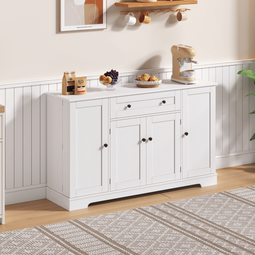 Buffet multifuncional 138 cm - Com gaveta, portas de prateleira e prateleiras ajustáveis - Branco