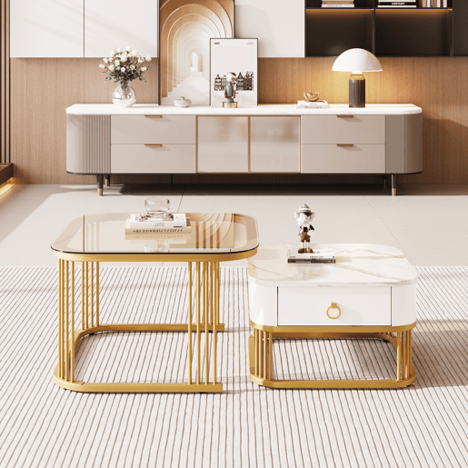 Mesa empilhável 2 peças - Marmoroptik alto brilho e vidro branco, detalhes dourados - Mesa lateral com gavetas
