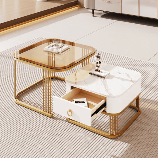 Mesa empilhável 2 peças - Marmoroptik alto brilho e vidro branco, detalhes dourados - Mesa lateral com gavetas