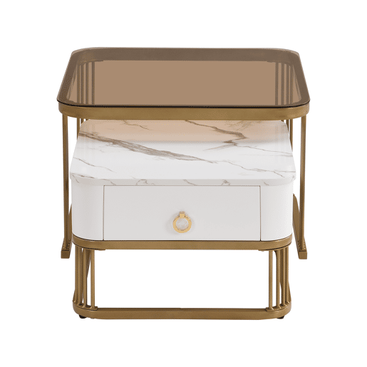 Mesa empilhável 2 peças - Marmoroptik alto brilho e vidro branco, detalhes dourados - Mesa lateral com gavetas
