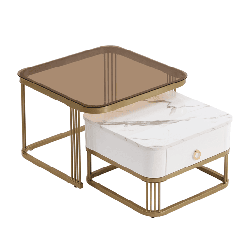 Mesa empilhável 2 peças - Marmoroptik alto brilho e vidro branco, detalhes dourados - Mesa lateral com gavetas