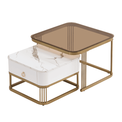 Mesa empilhável 2 peças - Marmoroptik alto brilho e vidro branco, detalhes dourados - Mesa lateral com gavetas