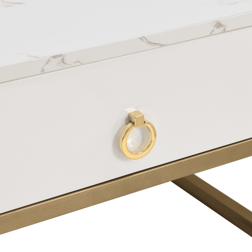 Mesa empilhável 2 peças - Marmoroptik alto brilho e vidro branco, detalhes dourados - Mesa lateral com gavetas