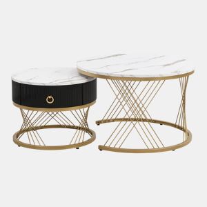 Mesa de centro empilhável 2 peças - Marmoroptik, detalhes dourados, com gavetas