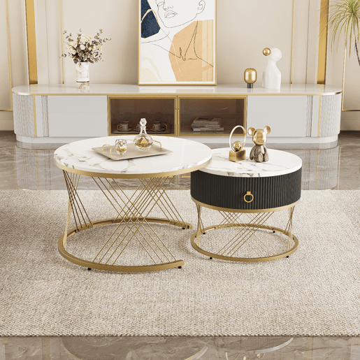 Mesa de centro empilhável 2 peças - Marmoroptik, detalhes dourados, com gavetas