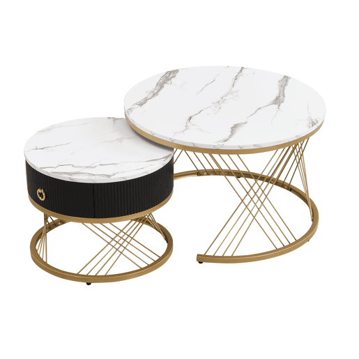 Mesa de centro empilhável 2 peças - Marmoroptik, detalhes dourados, com gavetas