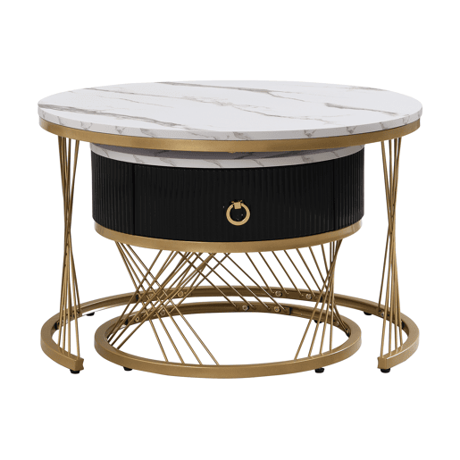 Mesa de centro empilhável 2 peças - Marmoroptik, detalhes dourados, com gavetas