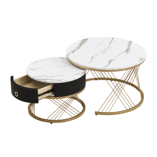 Mesa de centro empilhável 2 peças - Marmoroptik, detalhes dourados, com gavetas